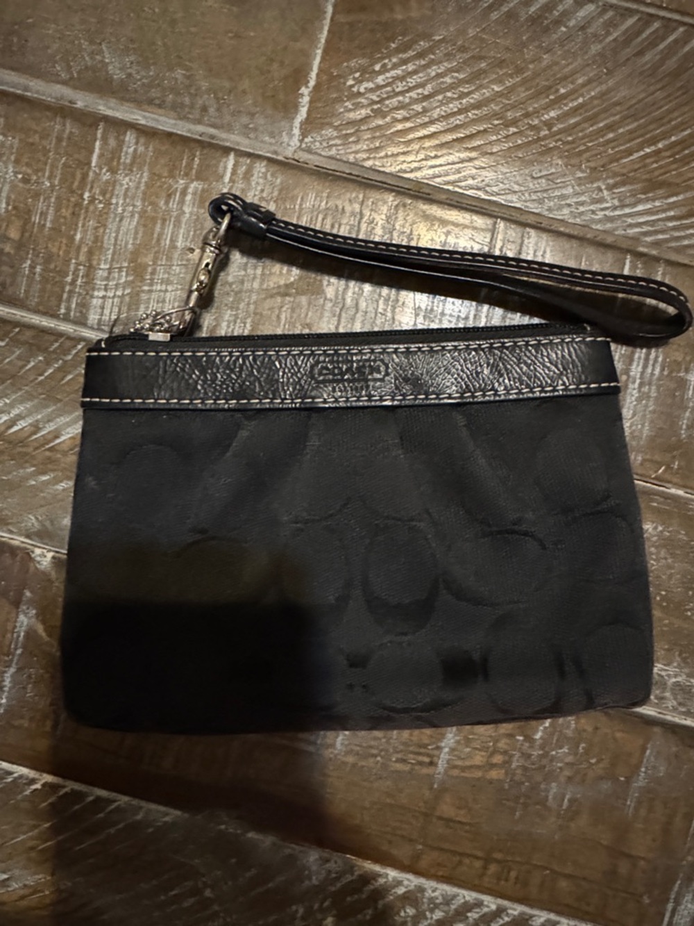 Coach Black Signature Fabric Wristlet with Leather Trim